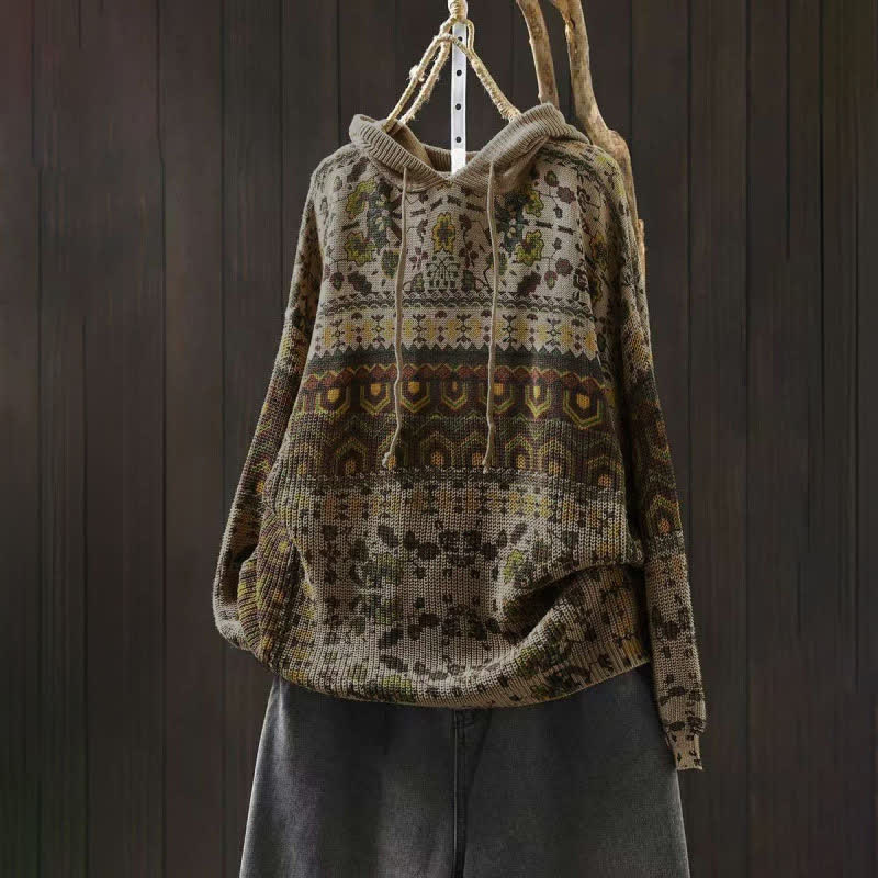 Nimara Ritual Fall Striped Geometric Flowers Cotton Women's Long Sleeve Pullover Knitted Hoodie