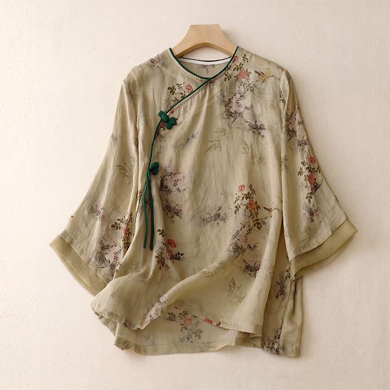 Nimara Ritual Spring Summer Vintage Tang Style Frog Button Floral Women's Long Sleeve Shirts