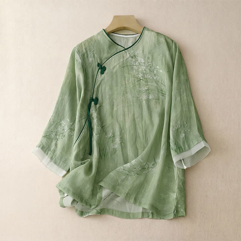Nimara Ritual Spring Summer Vintage Tang Style Frog Button Floral Women's Long Sleeve Shirts