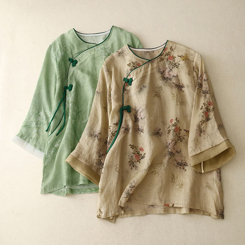 Nimara Ritual Spring Summer Vintage Tang Style Frog Button Floral Women's Long Sleeve Shirts