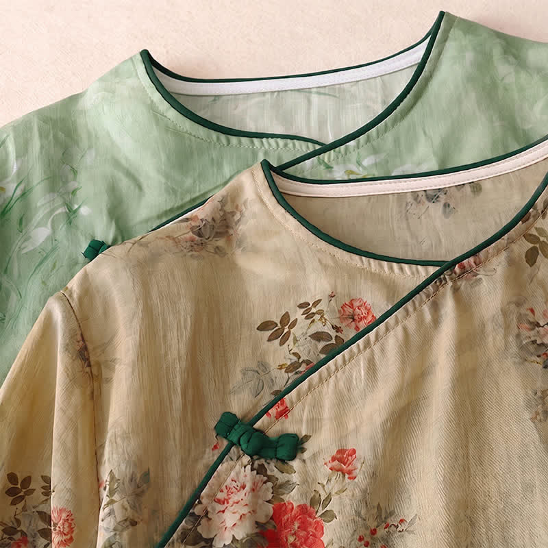 Nimara Ritual Spring Summer Vintage Tang Style Frog Button Floral Women's Long Sleeve Shirts