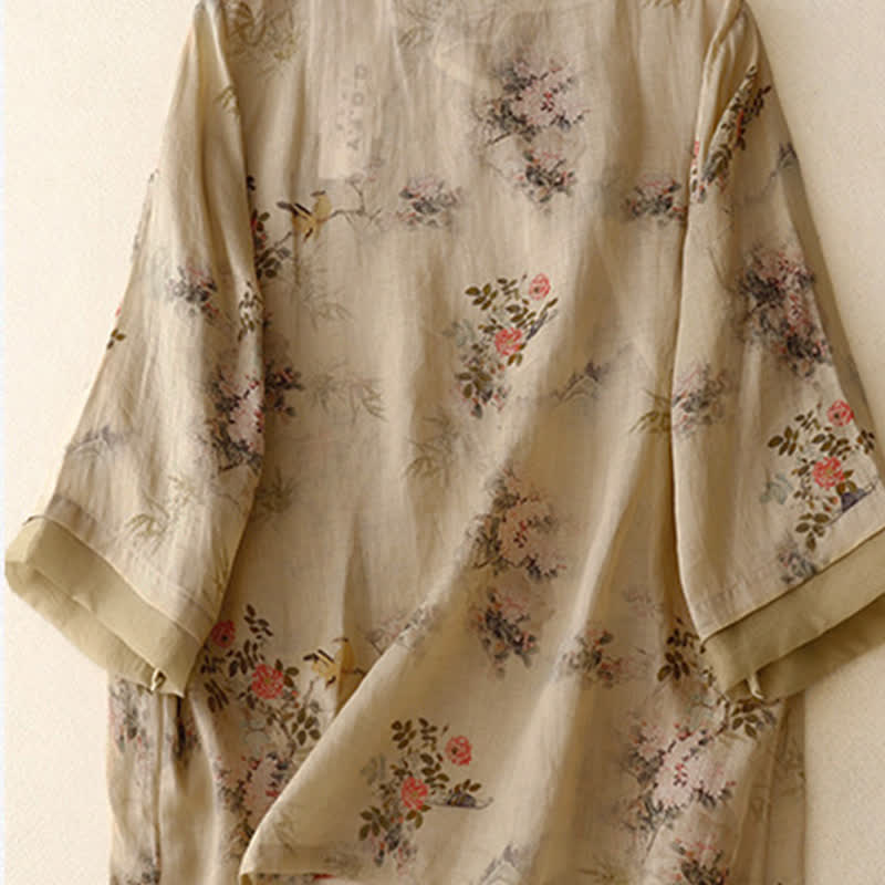 Nimara Ritual Spring Summer Vintage Tang Style Frog Button Floral Women's Long Sleeve Shirts