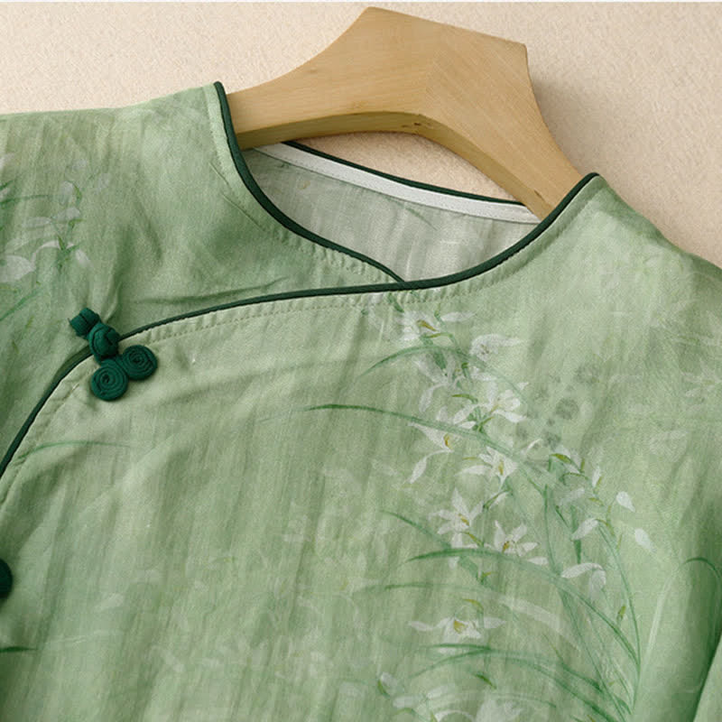 Nimara Ritual Spring Summer Vintage Tang Style Frog Button Floral Women's Long Sleeve Shirts