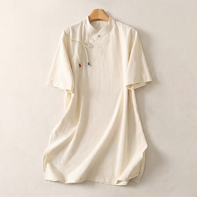 Nimara Ritual Summer Casual Tang Style Mandarin Collar Solid Women's Short Sleeve Dresses