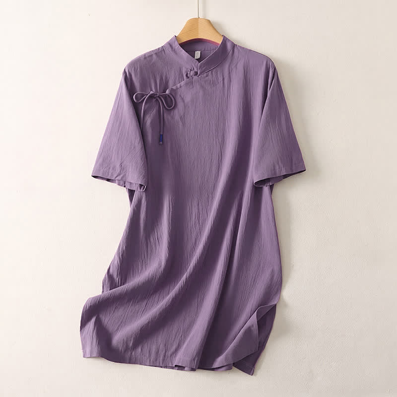 Nimara Ritual Summer Casual Tang Style Mandarin Collar Solid Women's Short Sleeve Dresses