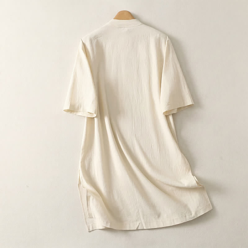 Nimara Ritual Summer Casual Tang Style Mandarin Collar Solid Women's Short Sleeve Dresses