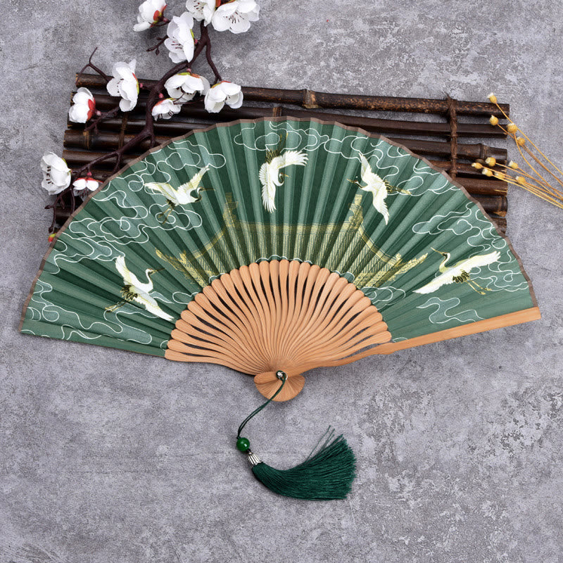 Nimara Ritual Vintage Cloud Crane Pattern Handheld Bamboo Folding Fan