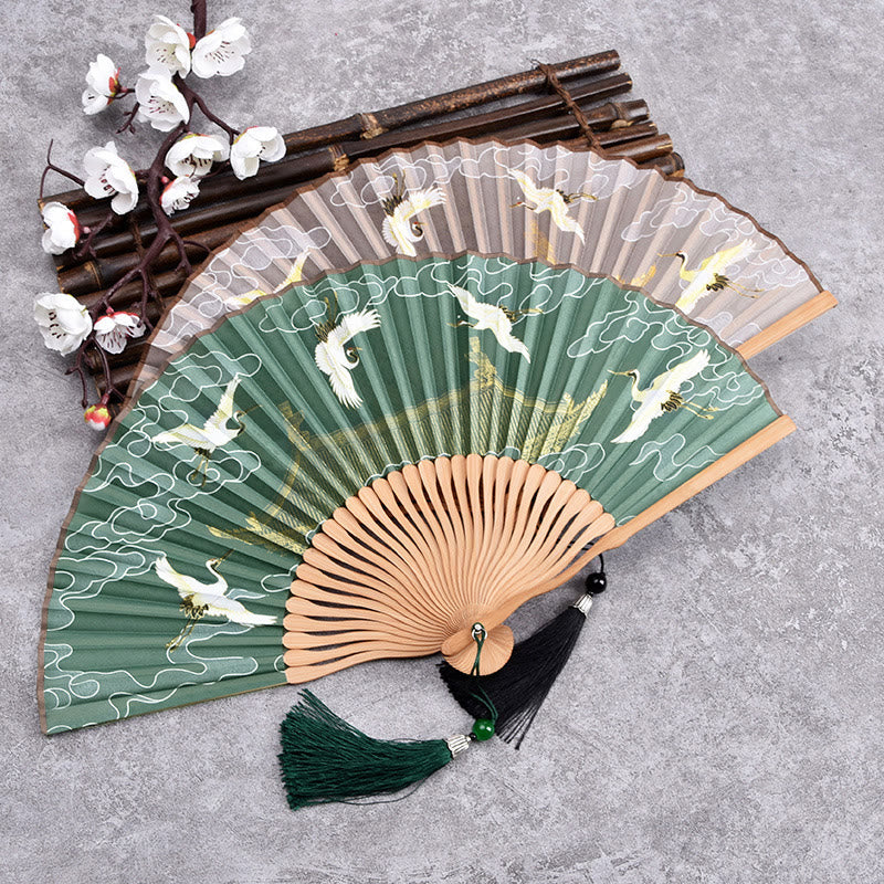 Nimara Ritual Vintage Cloud Crane Pattern Handheld Bamboo Folding Fan