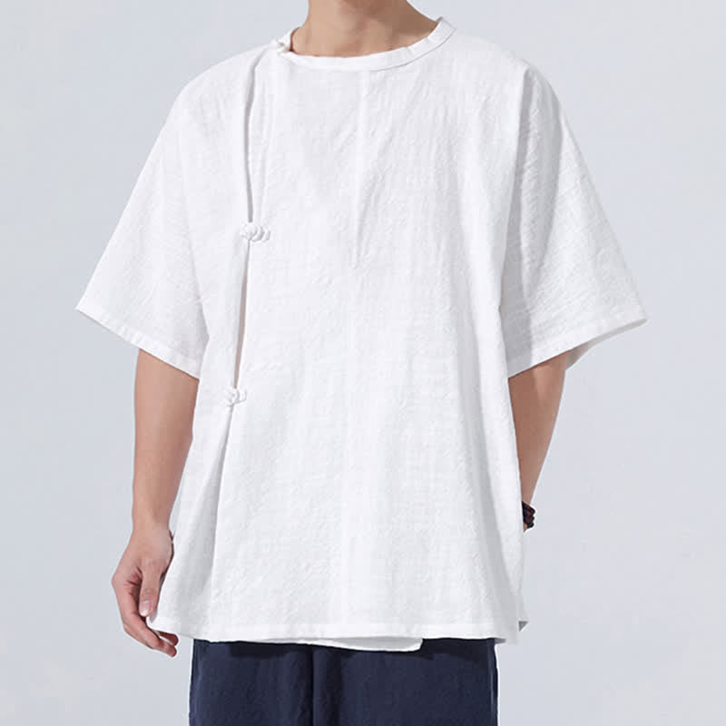 Nimara Ritual Summer Tang Style Minimalist Frog Button Solid Cotton Men's Short Sleeve Shirts