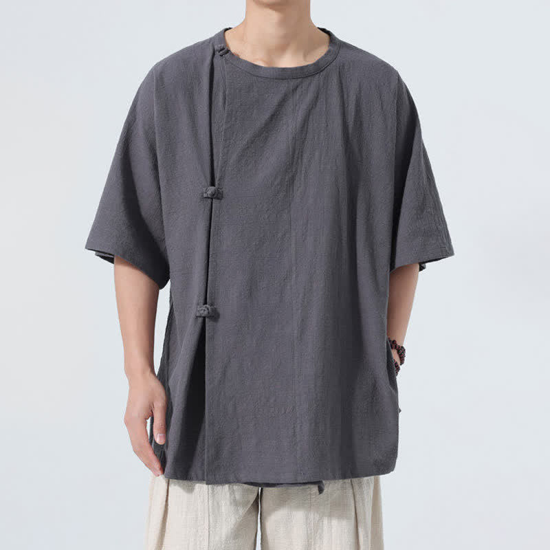 Nimara Ritual Summer Tang Style Minimalist Frog Button Solid Cotton Men's Short Sleeve Shirts