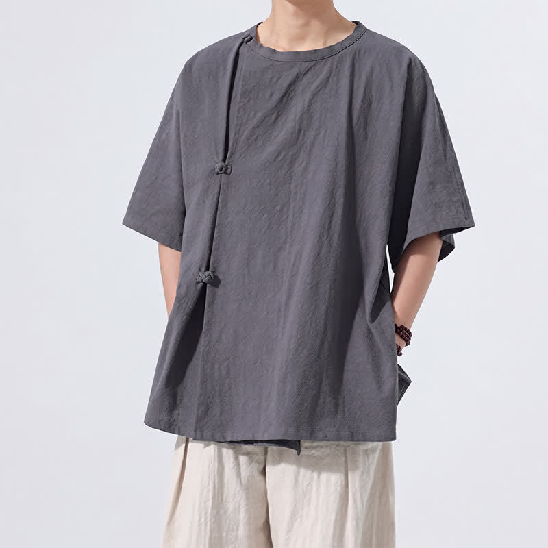 Nimara Ritual Summer Tang Style Minimalist Frog Button Solid Cotton Men's Short Sleeve Shirts