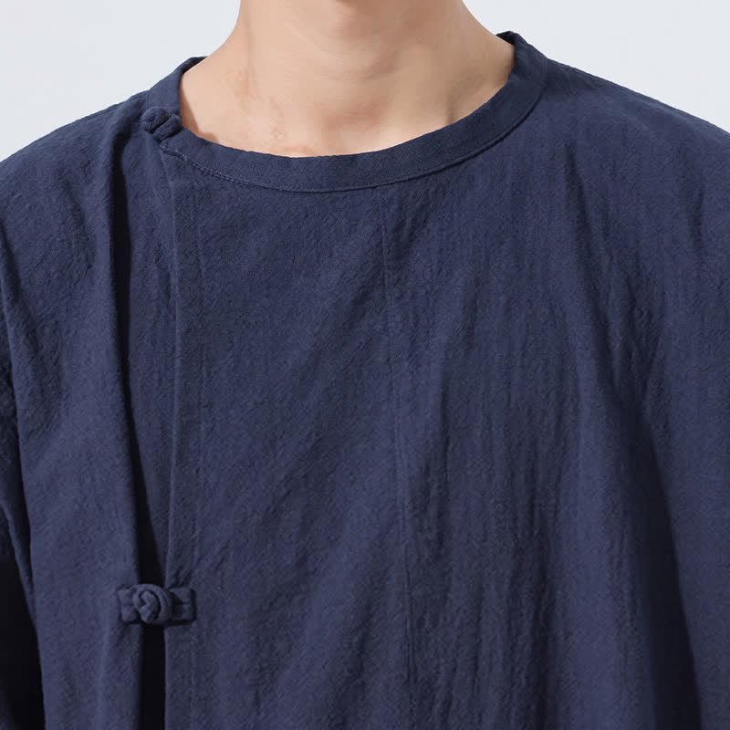 Nimara Ritual Summer Tang Style Minimalist Frog Button Solid Cotton Men's Short Sleeve Shirts
