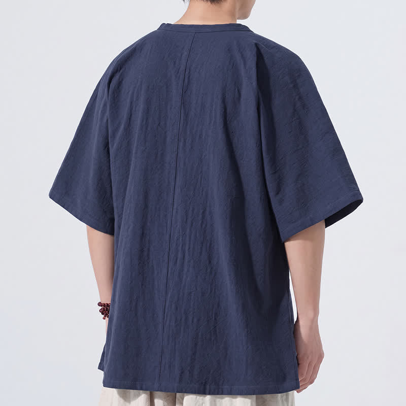 Nimara Ritual Summer Tang Style Minimalist Frog Button Solid Cotton Men's Short Sleeve Shirts