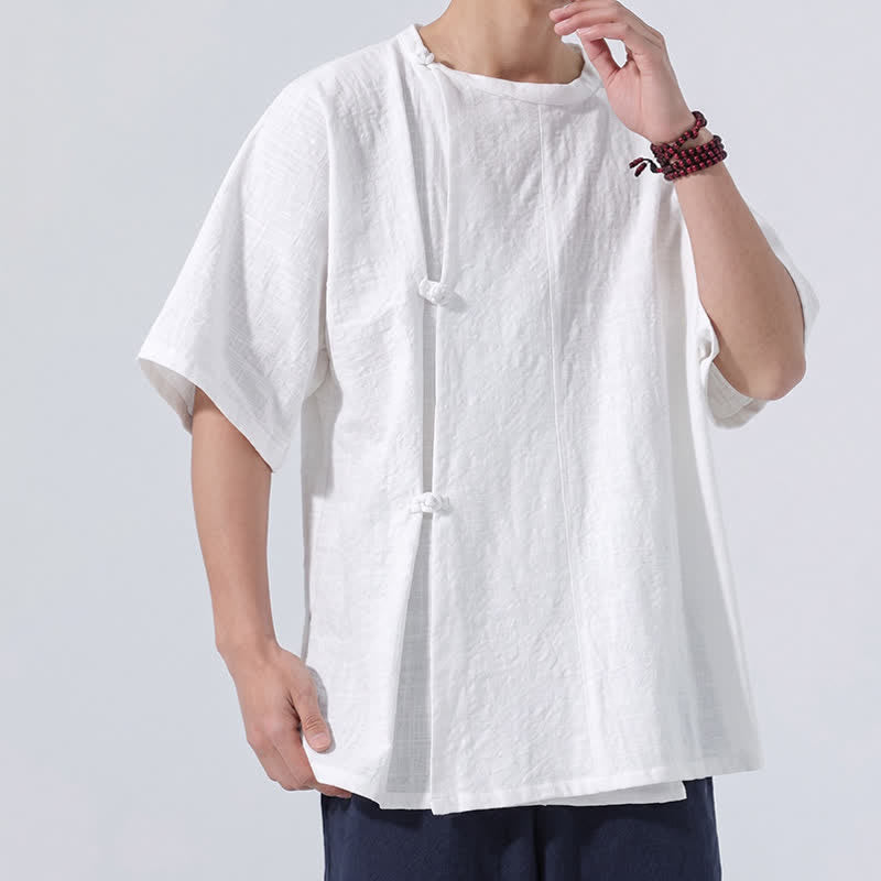 Nimara Ritual Summer Tang Style Minimalist Frog Button Solid Cotton Men's Short Sleeve Shirts