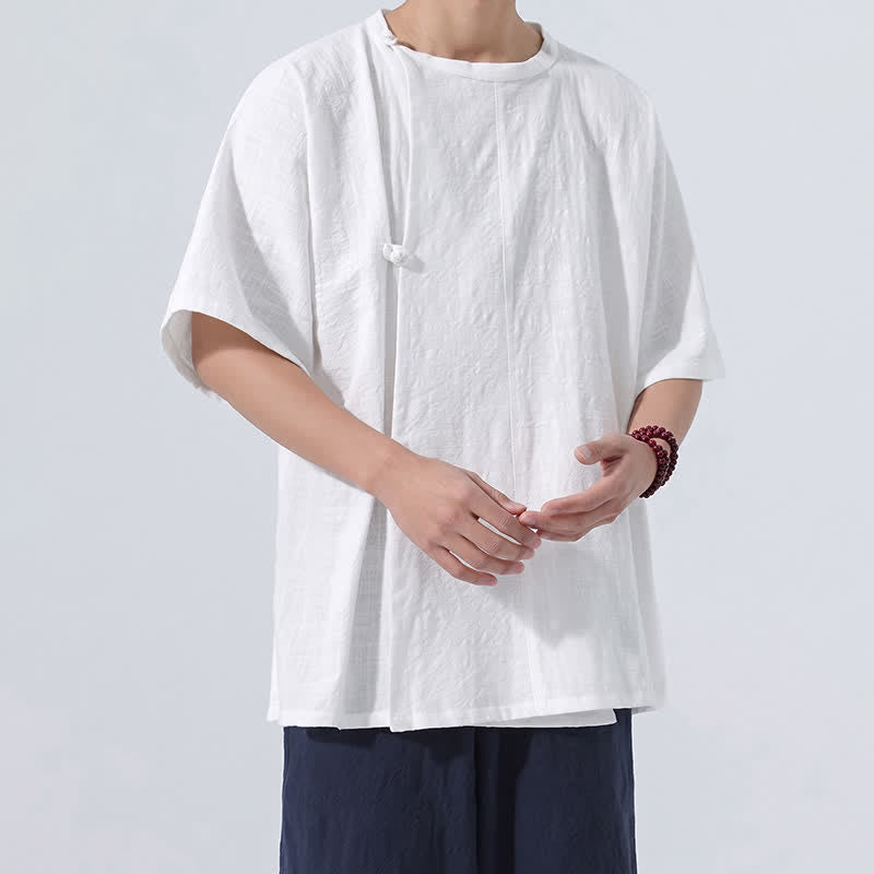 Nimara Ritual Summer Tang Style Minimalist Frog Button Solid Cotton Men's Short Sleeve Shirts