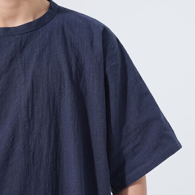 Nimara Ritual Summer Tang Style Minimalist Frog Button Solid Cotton Men's Short Sleeve Shirts