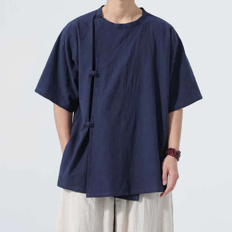 Nimara Ritual Summer Tang Style Minimalist Frog Button Solid Cotton Men's Short Sleeve Shirts
