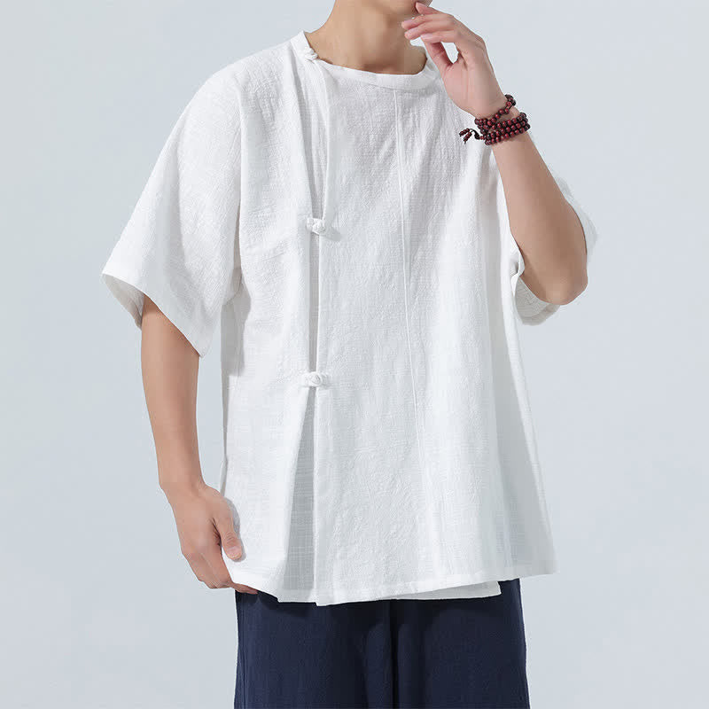 Nimara Ritual Summer Tang Style Minimalist Frog Button Solid Cotton Men's Short Sleeve Shirts