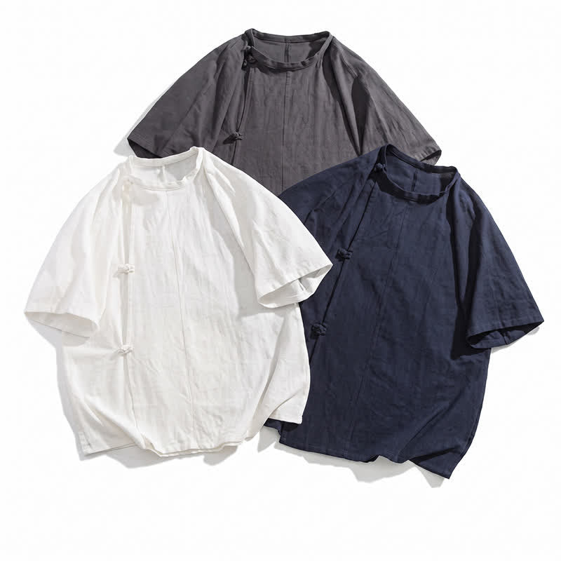 Nimara Ritual Summer Tang Style Minimalist Frog Button Solid Cotton Men's Short Sleeve Shirts