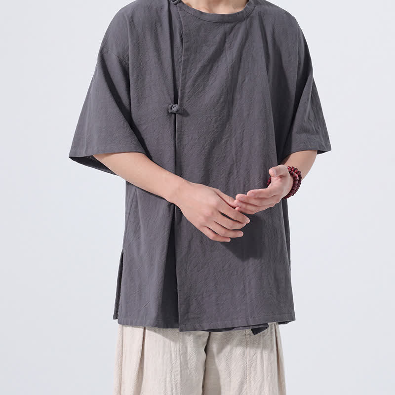 Nimara Ritual Summer Tang Style Minimalist Frog Button Solid Cotton Men's Short Sleeve Shirts