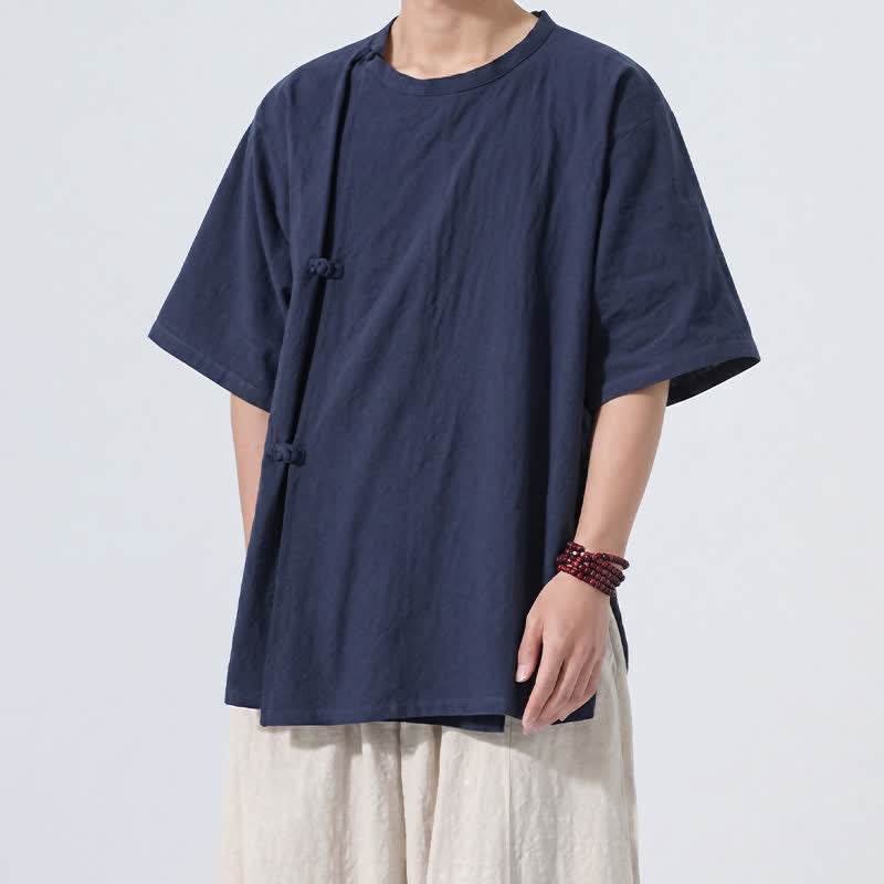 Nimara Ritual Summer Tang Style Minimalist Frog Button Solid Cotton Men's Short Sleeve Shirts