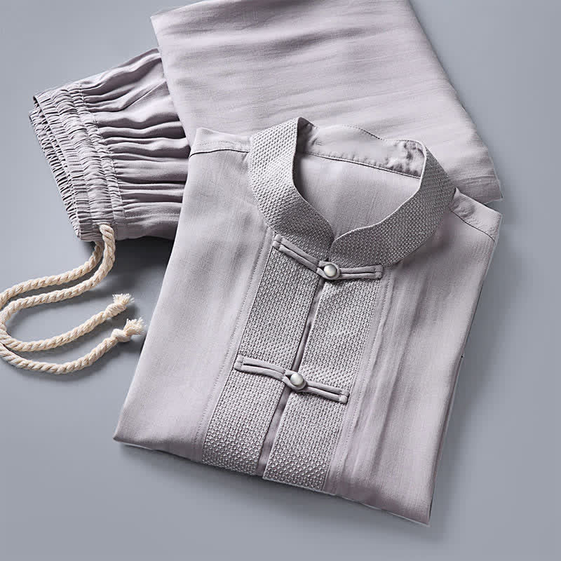Nimara Ritual 2Pcs Spring Tang Style Mandarin Collar Frog Button Solid Long Sleeve Shirt Pants Men's Meditation Cloth With Pockets