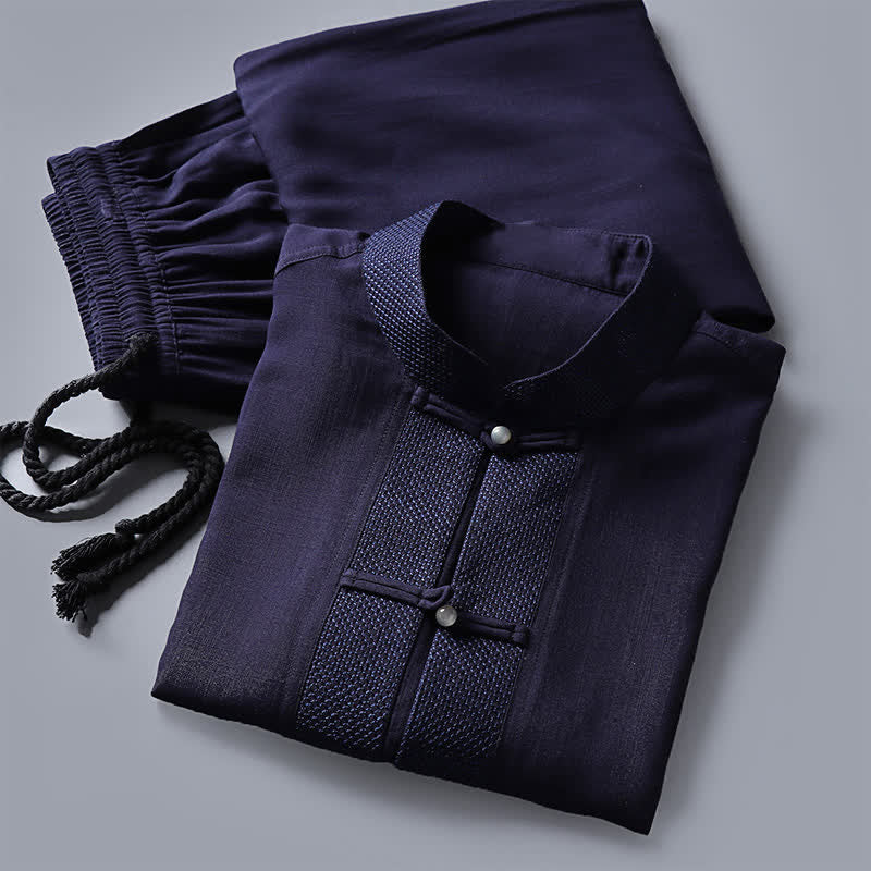 Nimara Ritual 2Pcs Spring Tang Style Mandarin Collar Frog Button Solid Long Sleeve Shirt Pants Men's Meditation Cloth With Pockets
