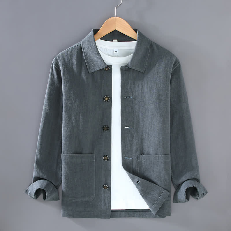 Nimara Ritual Fall Casual Minimalist Solid Buttons Ramie Men's Jacket With Pockets