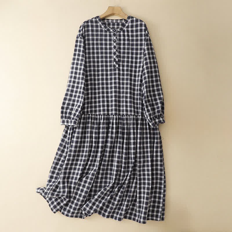 Nimara Ritual Spring Casual Vintage Button-Up Black White Plaid Women's Long Sleeve Dress With Pocket