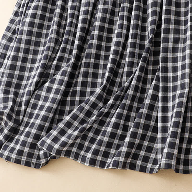 Nimara Ritual Spring Casual Vintage Button-Up Black White Plaid Women's Long Sleeve Dress With Pocket