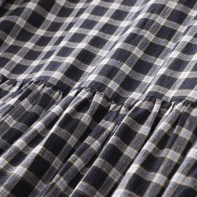 Nimara Ritual Spring Casual Vintage Button-Up Black White Plaid Women's Long Sleeve Dress With Pocket
