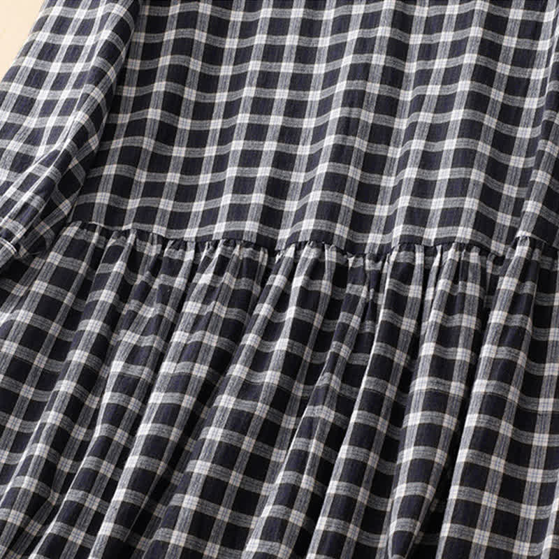 Nimara Ritual Spring Casual Vintage Button-Up Black White Plaid Women's Long Sleeve Dress With Pocket