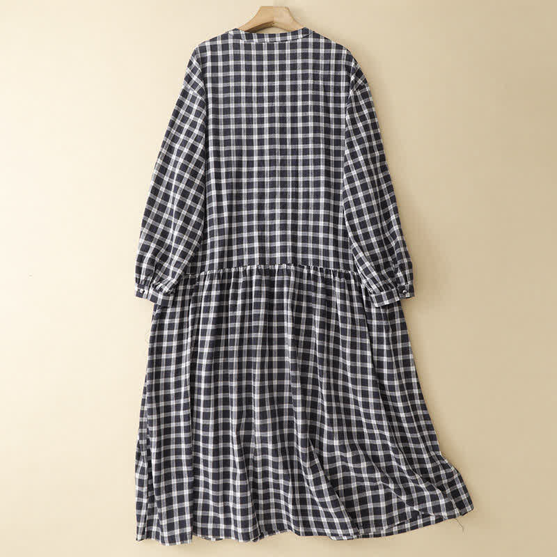 Nimara Ritual Spring Casual Vintage Button-Up Black White Plaid Women's Long Sleeve Dress With Pocket