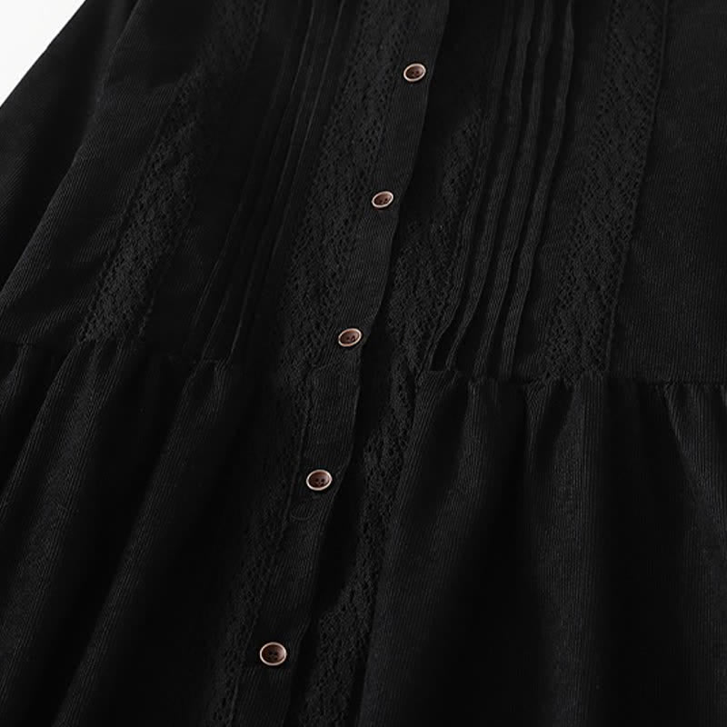 Nimara Ritual Spring Fall Tang Style Vintage Button-Up Pleated Trim Solid Women's Long Sleeve Dress With Pocket