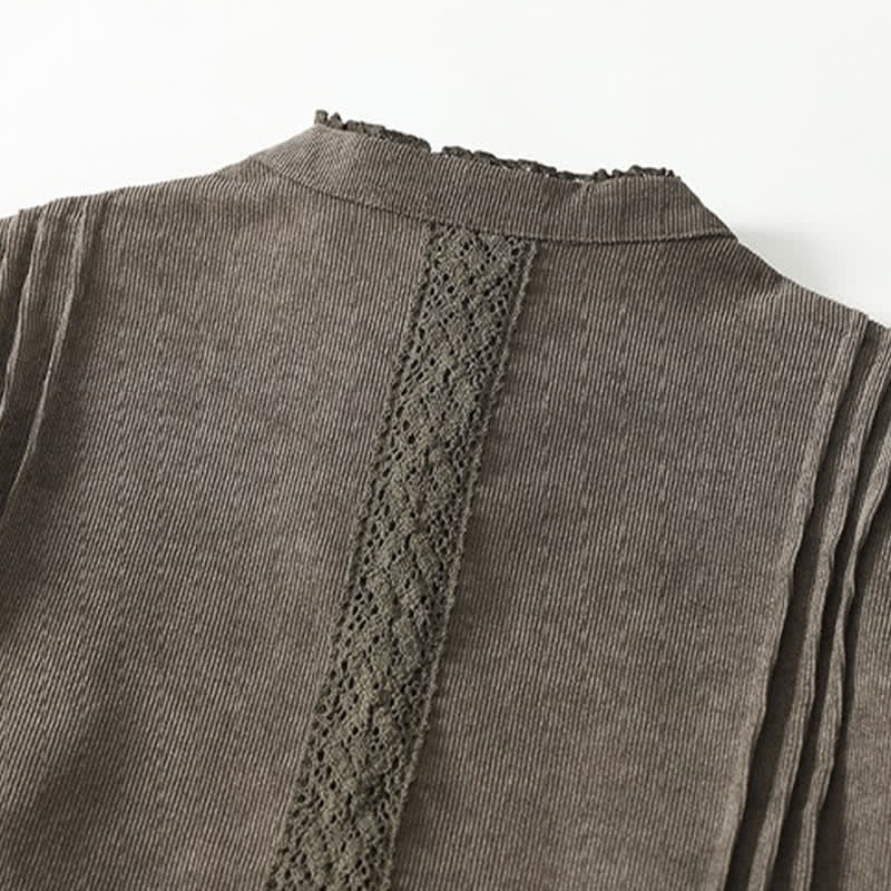 Nimara Ritual Spring Fall Tang Style Vintage Button-Up Pleated Trim Solid Women's Long Sleeve Dress With Pocket