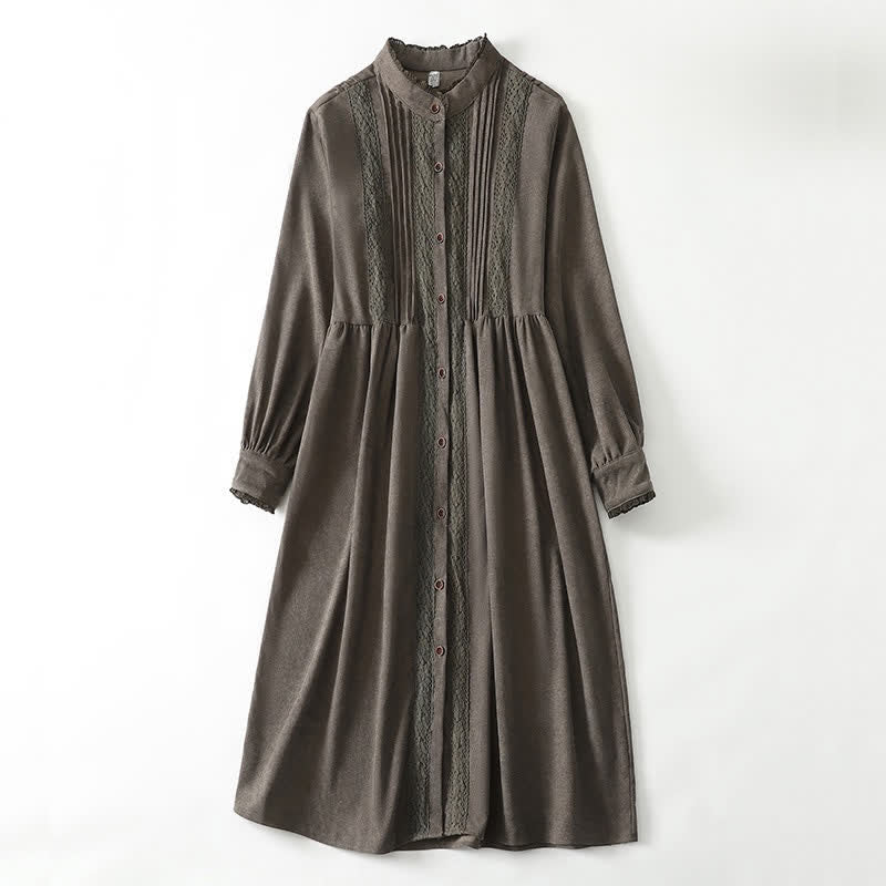 Nimara Ritual Spring Fall Tang Style Vintage Button-Up Pleated Trim Solid Women's Long Sleeve Dress With Pocket