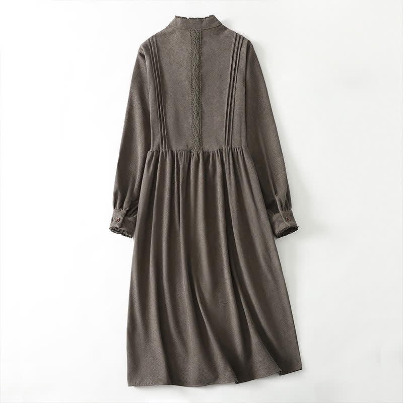 Nimara Ritual Spring Fall Tang Style Vintage Button-Up Pleated Trim Solid Women's Long Sleeve Dress With Pocket