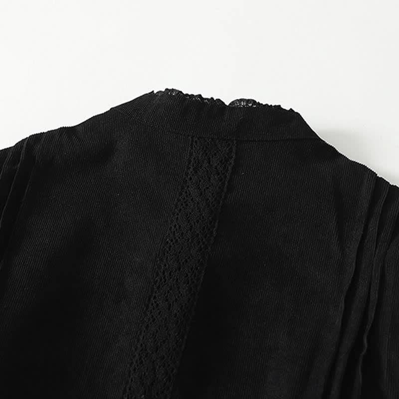 Nimara Ritual Spring Fall Tang Style Vintage Button-Up Pleated Trim Solid Women's Long Sleeve Dress With Pocket