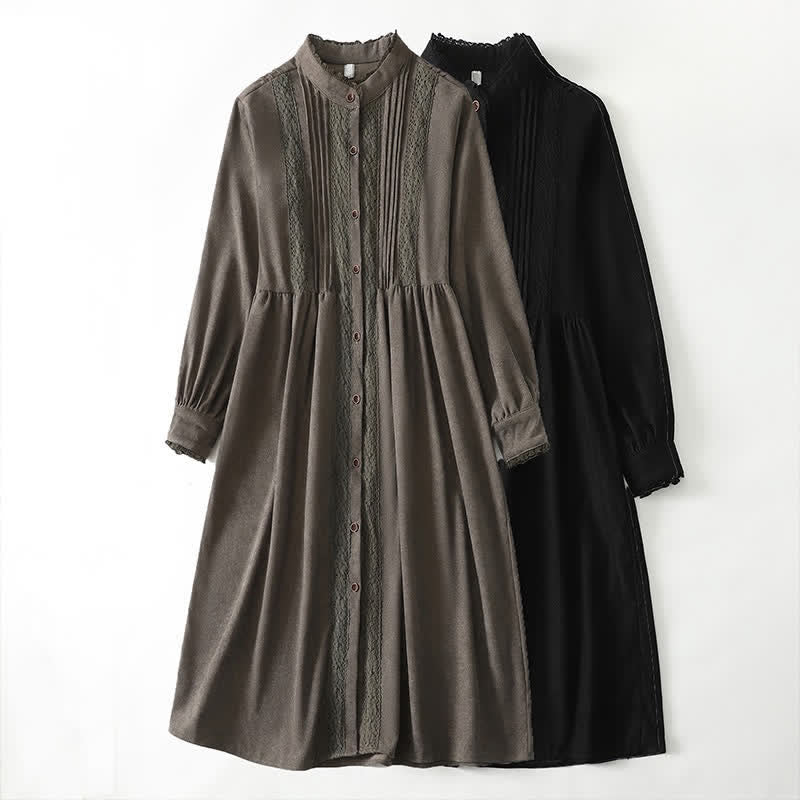 Nimara Ritual Spring Fall Tang Style Vintage Button-Up Pleated Trim Solid Women's Long Sleeve Dress With Pocket