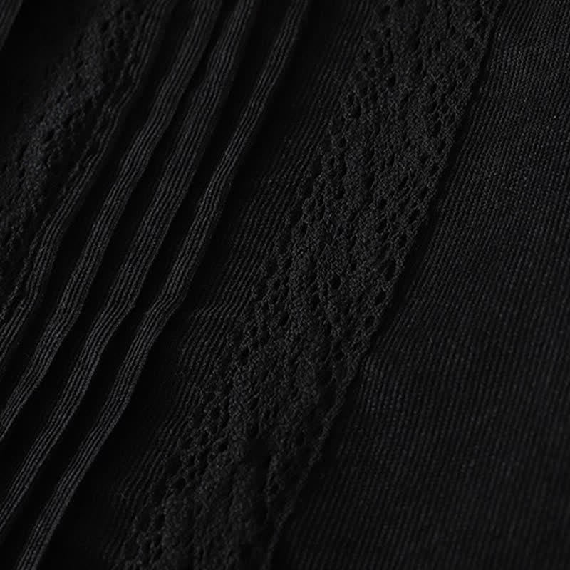 Nimara Ritual Spring Fall Tang Style Vintage Button-Up Pleated Trim Solid Women's Long Sleeve Dress With Pocket