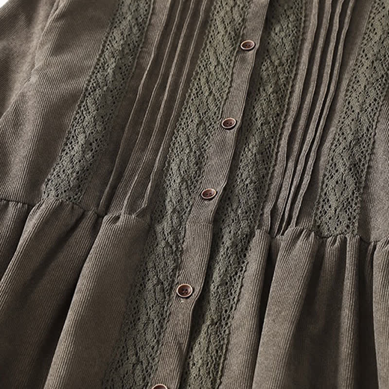 Nimara Ritual Spring Fall Tang Style Vintage Button-Up Pleated Trim Solid Women's Long Sleeve Dress With Pocket