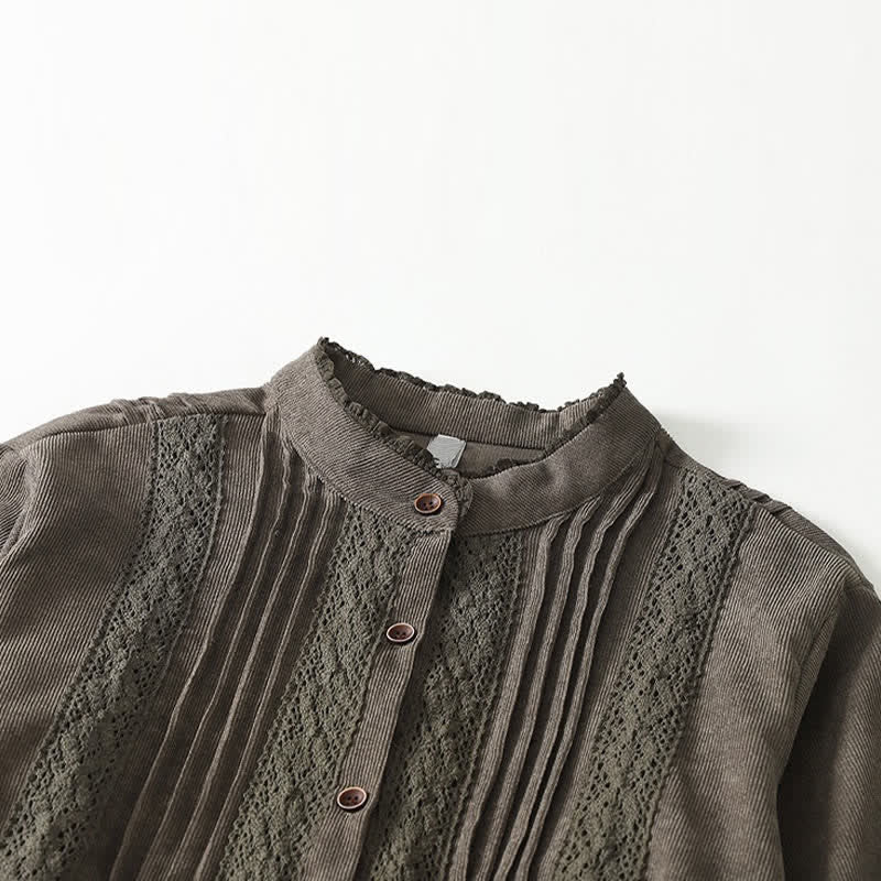 Nimara Ritual Spring Fall Tang Style Vintage Button-Up Pleated Trim Solid Women's Long Sleeve Dress With Pocket