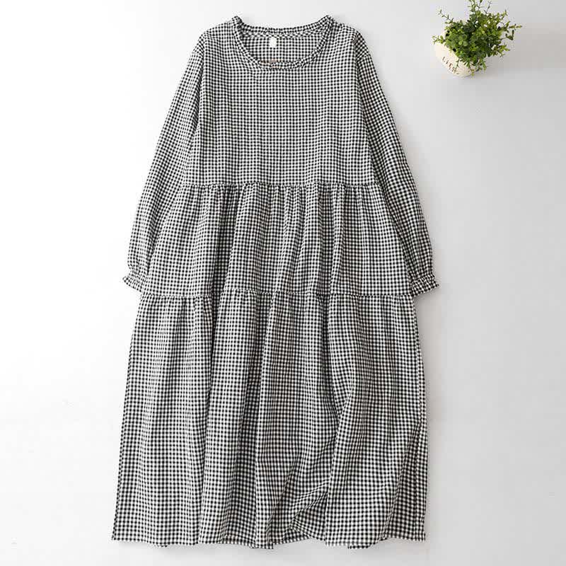 Nimara Ritual Spring Fall Casual Vintage Tiered Plaid Women's Long Sleeve Dress With Pocket