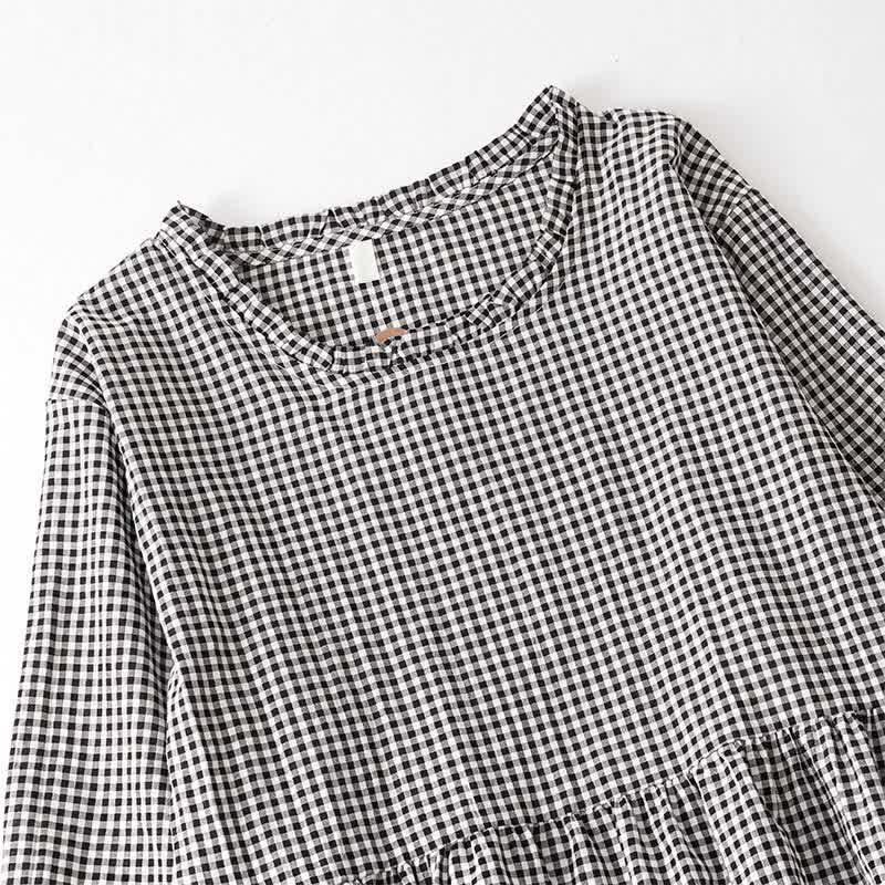 Nimara Ritual Spring Fall Casual Vintage Tiered Plaid Women's Long Sleeve Dress With Pocket