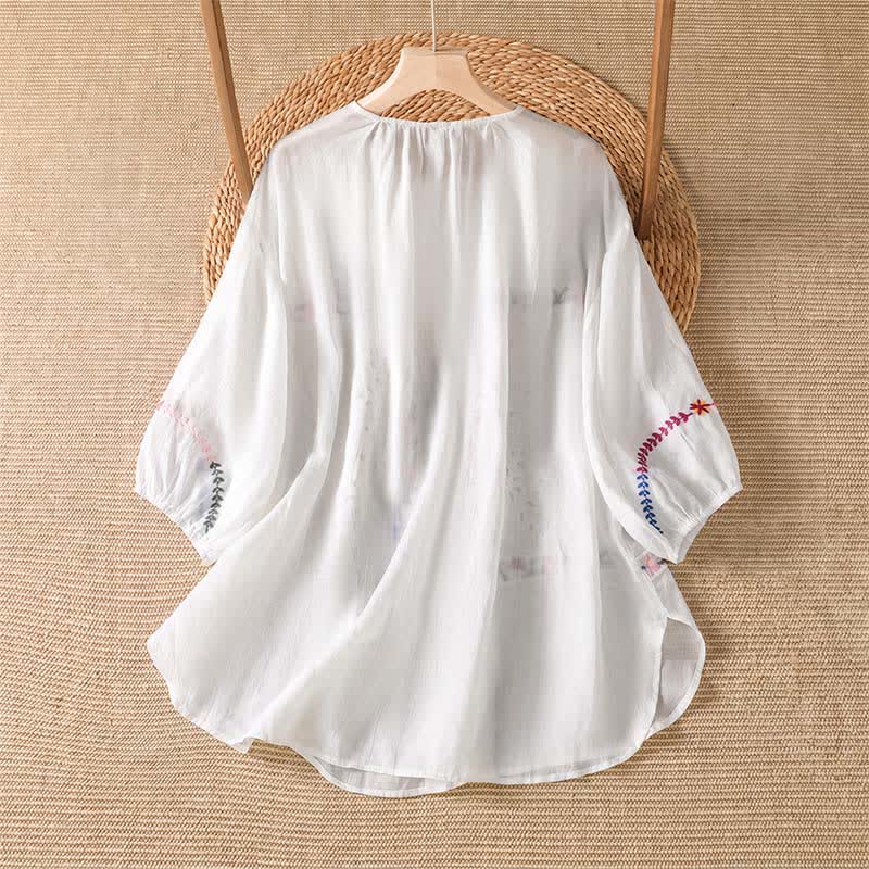 Nimara Ritual Spring Summer Boho Embroidery Floral Women's Short Sleeve Shirts