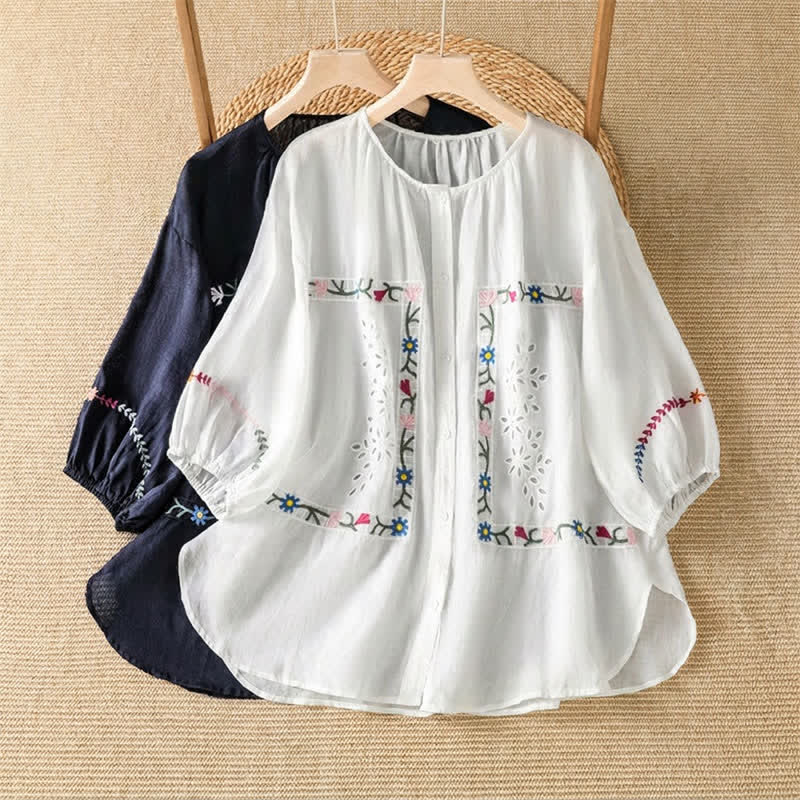 Nimara Ritual Spring Summer Boho Embroidery Floral Women's Short Sleeve Shirts
