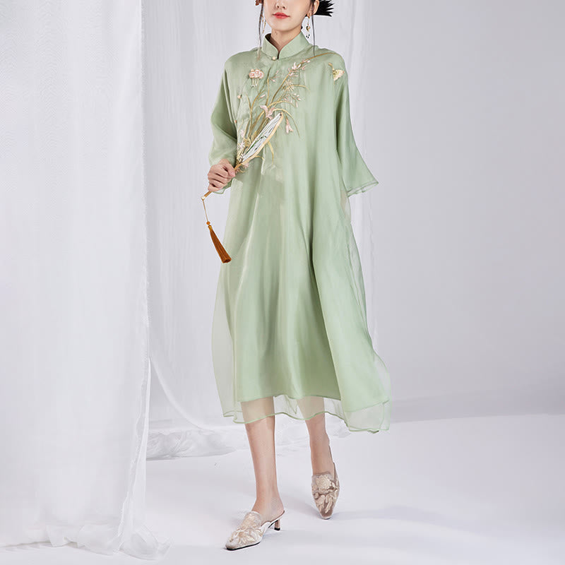 Nimara Ritual 100% Mulberry Silk 6 Momme Dress Vintage Flower Butterfly Embroidery Qipao Dress Women's Cheongsam Dress