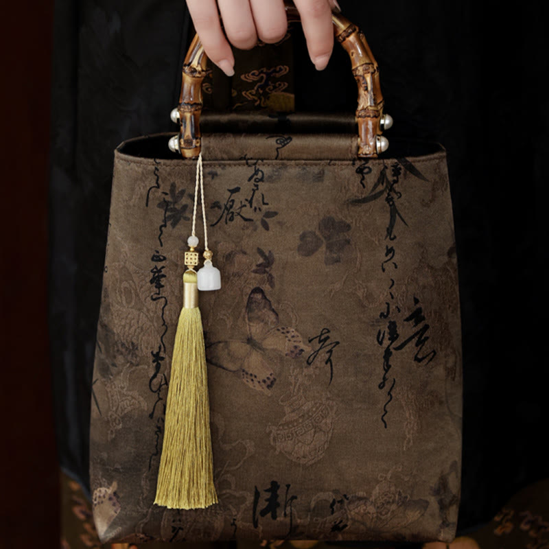 Nimara Ritual Bamboo Leaves Butterfly Koi Fish Bamboo Handles Handbag