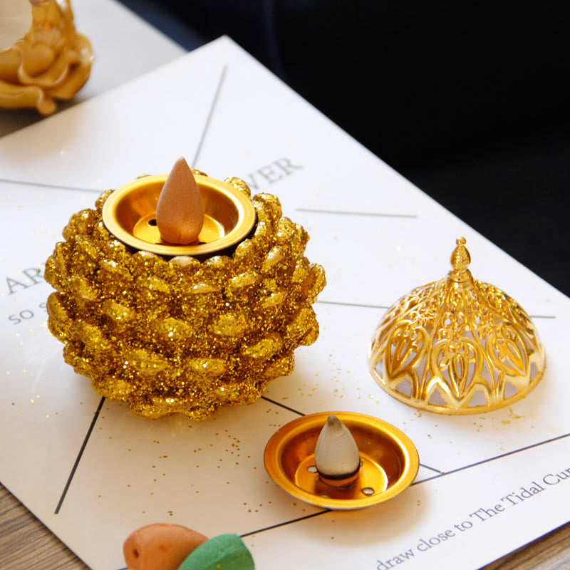 Nimara Ritual Gold Pine Cone Pattern Spiritual Rituals Mini Incense Burner Home Tabletop Decor