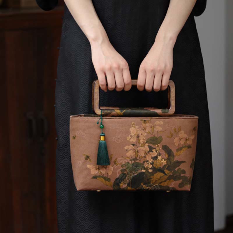 Nimara Ritual Vintage Brown Flowers Green Bamboo Leaves Wood Handles Zipper Handbag
